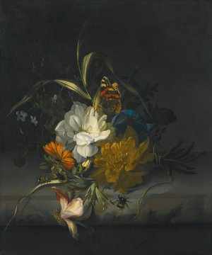 Still Life With Marigolds, Morning Glory, A Passion Flower And Other Assorted Flowers, Together With Insects On A Stone Ledge by Rachel Ruysch Oil Painting