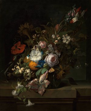 Tulips, rose, honeysuckle, apple blossom, poppies and other flowers in a glass vase, with a butterfly, on a marble ledge by Rachel Ruysch Oil Painting