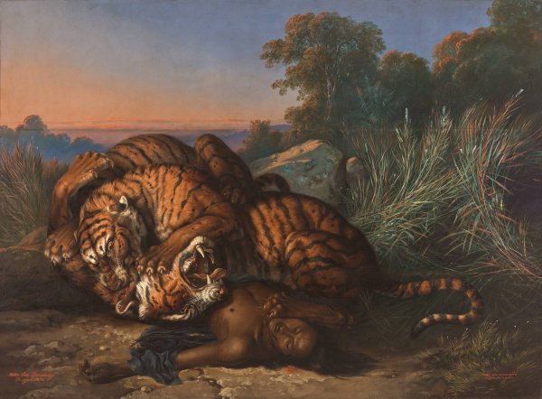 Kampfende Tiger  by Raden Saleh - Hand-Painted Oil Painting Reproduction