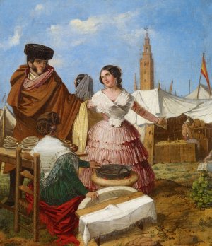 Courting at a Ring-Shaped Pastry Stall at the Seville Fair by Rafael Benjumea Oil Painting