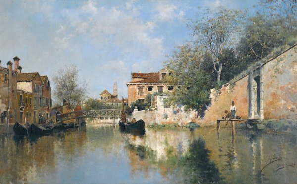 A Venetian Canal by Rafael Senet Y Perez - Hand-Painted Oil Painting Reproduction
