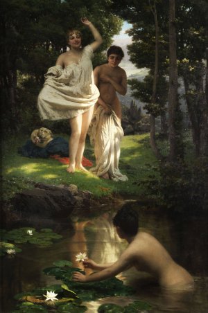 Young girls taking a bath at a forest spring by Raffaele Giannetti Oil Painting