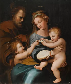 Holy Family With The Infant St. John The Baptist, Or 'Madonna Della Rosa' Oil painting by Raffaello Sanzio
