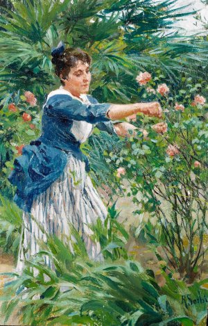 Pruning The Roses by Raffaello Sorbi Oil Painting