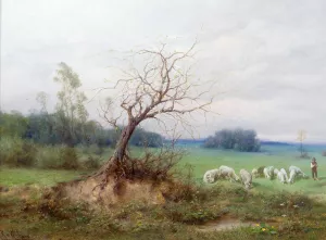 Flock of Sheep with Shepherd in an Open Landscape Oil painting by Raimund Ritter Von Wichera