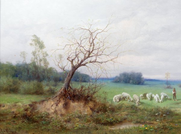 Main Product Photo of Flock of Sheep with Shepherd in an Open Landscape Painting by Raimund Ritter Von Wichera