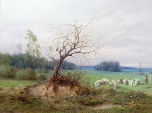 Schafherde mit Hirten in einer weiten Landschaft by Raimund Ritter Von Wichera Oil Painting