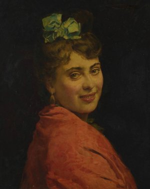 A portait of a lady with a red shawl by Raimundo De Madrazo y Garreta Oil Painting