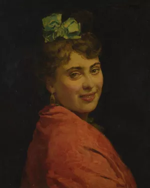 A portait of a lady with a red shawl by Raimundo De Madrazo y Garreta Oil Painting