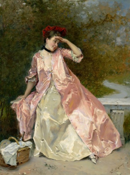 Woman With A Picnic Basket  by Raimundo De Madrazo y Garreta - Hand-Painted Oil Painting Reproduction