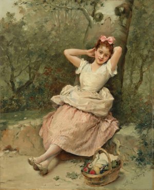 Young girl sitting at the foot of a tree by Raimundo De Madrazo y Garreta Oil Painting