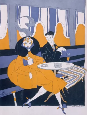 He; 'I propose dinner.' She; 'Materialist' Oil painting by Ralph Barton
