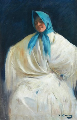 Chula con Panuelo Azul by Ramon Casas Oil Painting