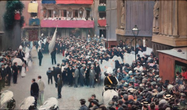 The Corpus Christi Procession Leaving The Church Of Santa Maria Del Mar  by Ramon Casas - Hand-Painted Oil Painting Reproduction