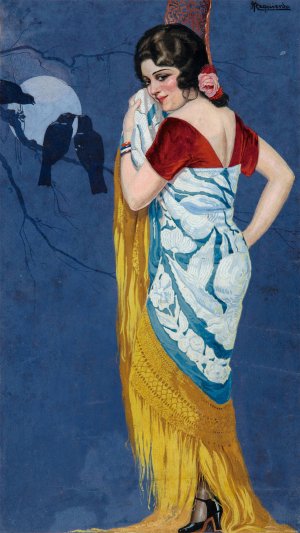 Young Woman Smiling in the Moonlight by Ramon Jose Izquierdo Y Garrido Oil Painting
