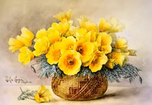 California Poppies in an Indian Basket by Raoul De Longpre - Oil Painting Reproduction