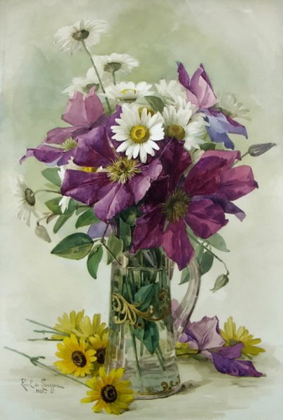 Main Product Photo of Large Purple Clematis and White Daisies Painting by Raoul De Longpre