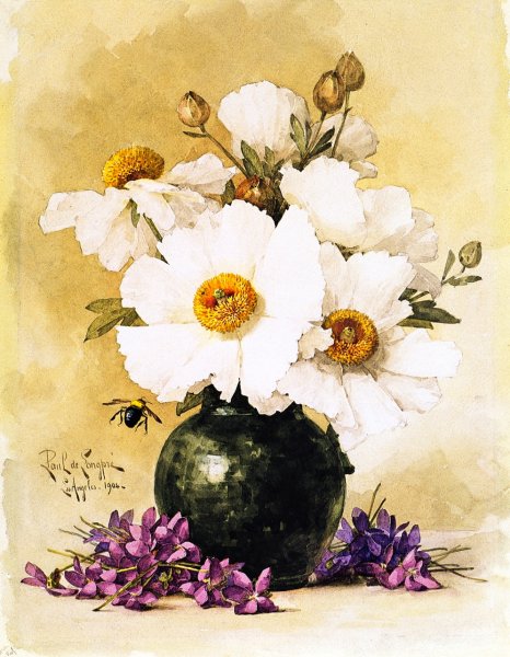 Main Product Photo of Matilija Poppies and California Violets Painting by Raoul De Longpre