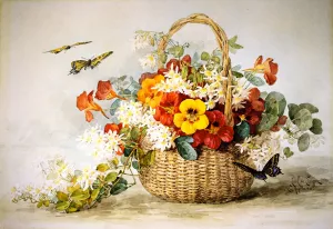 Nasturtiums, Jasmine and Butterflies by Raoul De Longpre - Oil Painting Reproduction