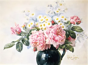 Pink Roses and Field Flowers by Raoul De Longpre Oil Painting
