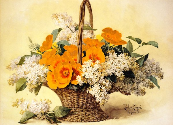 Main Product Photo of Poppies and Lilac Painting by Raoul De Longpre