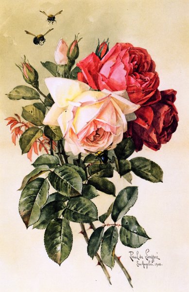 Main Product Photo of Roses and Bumblebees Painting by Raoul De Longpre