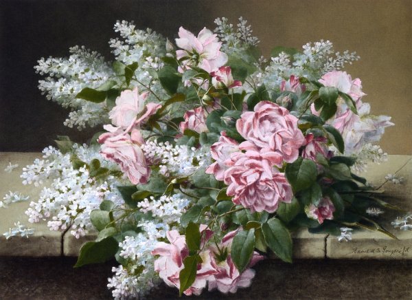 Main Product Photo of Roses on a Marble Tabletop Painting by Raoul De Longpre