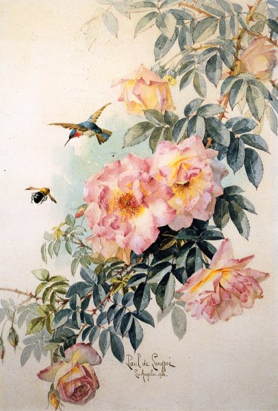 Main Product Photo of Roses with Hummingbird and Bumblebee Painting by Raoul De Longpre