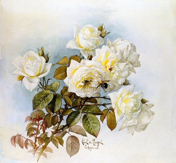 Main Product Photo of White Roses and Bumblebees Painting by Raoul De Longpre
