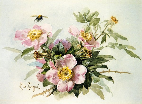 Main Product Photo of Wild Roses with Bee Painting by Raoul De Longpre