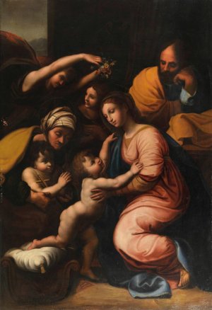 The Holy Family with Saint Elizabeth, the Infant John and Two Angels by Raphael (Follower) Oil Painting