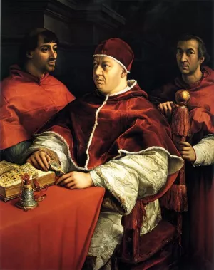 Portrait of Pope Leo X and His Cousins, Cardinals Giulio de' Medici and Luigi de' Rossi by Raphael - Oil Painting Reproduction