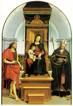 Virgin and Child Enthroned with Sts John the Baptist and Nicholas of Bari the Ansidei Altarpiece by Raphael Oil Painting