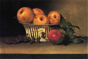 Still Life with Raisins, Yellow and Red Apples in Porcelain Basket