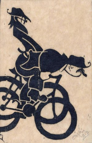 Karikatuur van Chris Lebeau en Frits Grabijn op de fiets by Reijer Stolk Oil Painting