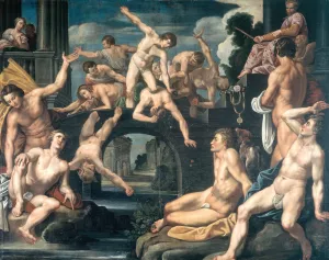 Unge maend brydes pa en bro. Allegori by Reinhold Timm Oil Painting