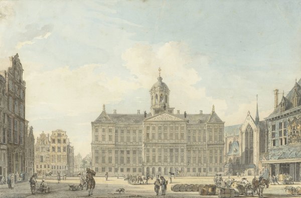 Amsterdam, de Dam met het Stadhuis en de Waag  by Reinier Vinkeles - Hand-Painted Oil Painting Reproduction