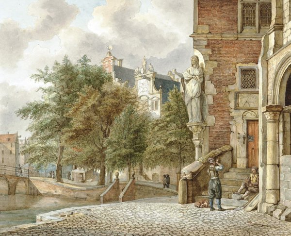 Gezicht op een stadsgracht after Jan van der Heyden  by Reinier Vinkeles - Hand-Painted Oil Painting Reproduction