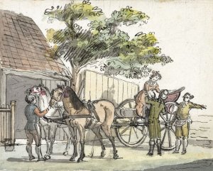 Wagen met twee paarden bij de uitspanning De Donkere Kuil bij Haarlem by Reinier Vinkeles Oil Painting