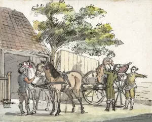 Wagen met twee paarden bij de uitspanning De Donkere Kuil bij Haarlem by Reinier Vinkeles Oil Painting