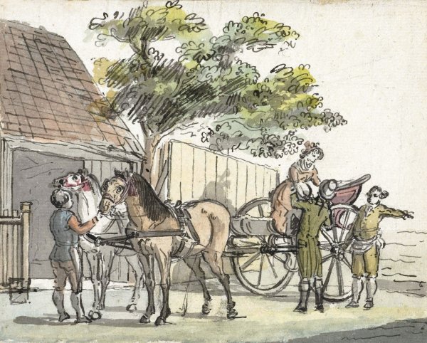 Wagen met twee paarden bij de uitspanning De Donkere Kuil bij Haarlem  by Reinier Vinkeles - Hand-Painted Oil Painting Reproduction