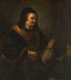 An old woman with a purse and coins at a table; Allegory of Avarice by Rembrandt Van Rijn (Follower) Oil Painting