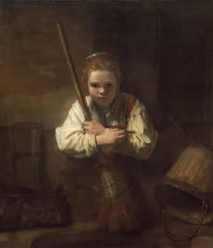 A Girl with a Broom by Rembrandt Van Rijn Oil Painting
