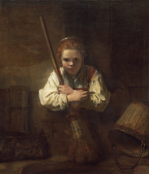 Main Product Photo of A Girl with a Broom  Painting by Rembrandt Van Rijn