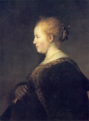 A Young Woman in Profile with a Fan by Rembrandt Van Rijn Oil Painting