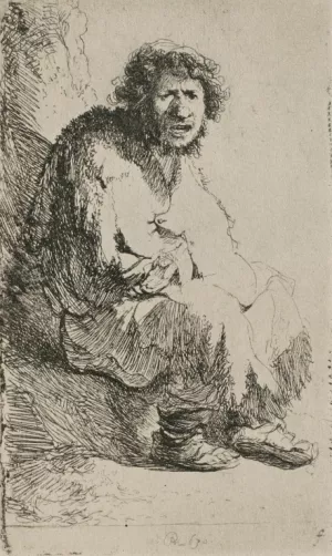 Beggar Sitting On a Hollock, with His Mouth Open Oil painting by Rembrandt Van Rijn