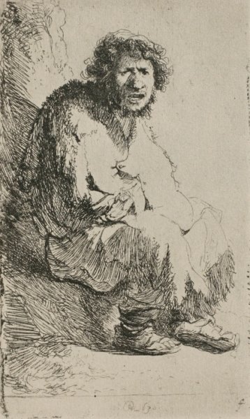 Main Product Photo of Beggar Sitting On a Hollock, with His Mouth Open Painting by Rembrandt Van Rijn
