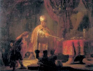 Daniel and King Cyrus in front of the Idol of Bel painting by Rembrandt Van Rijn