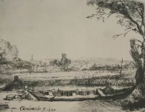 Landscape with a Canal and Large Boat painting by Rembrandt Van Rijn