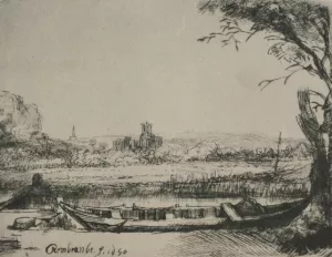 Landscape with a Canal and Large Boat Oil painting by Rembrandt Van Rijn